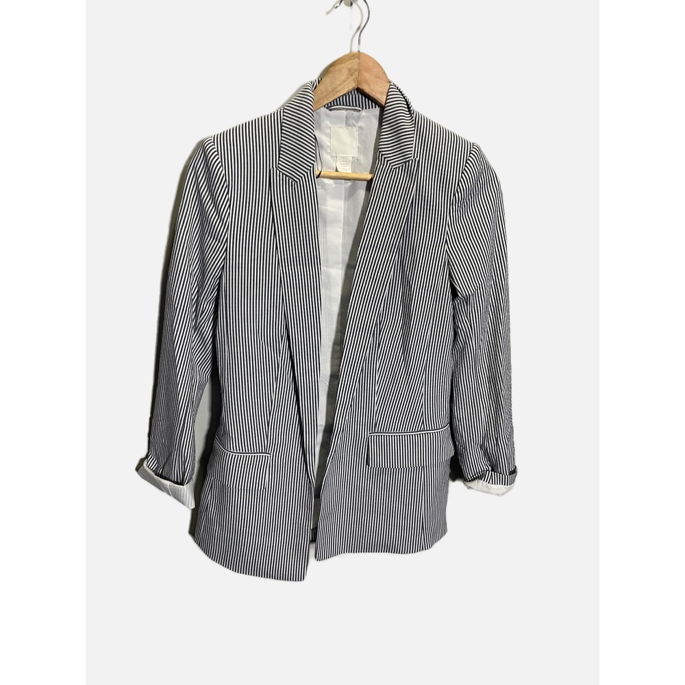 H&M Striped Blazer Women Size 2 Navy Blue White Pinstripe Open Front Business